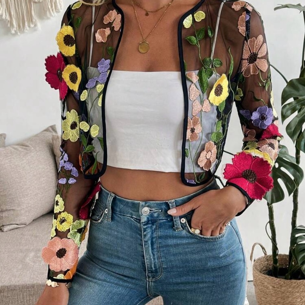 Floral Black Sheer Cropped Bolero with Long Sleeves